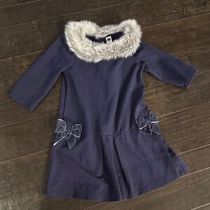 Janie and Jack Elegant Navy Dress with Faux Fur Trim